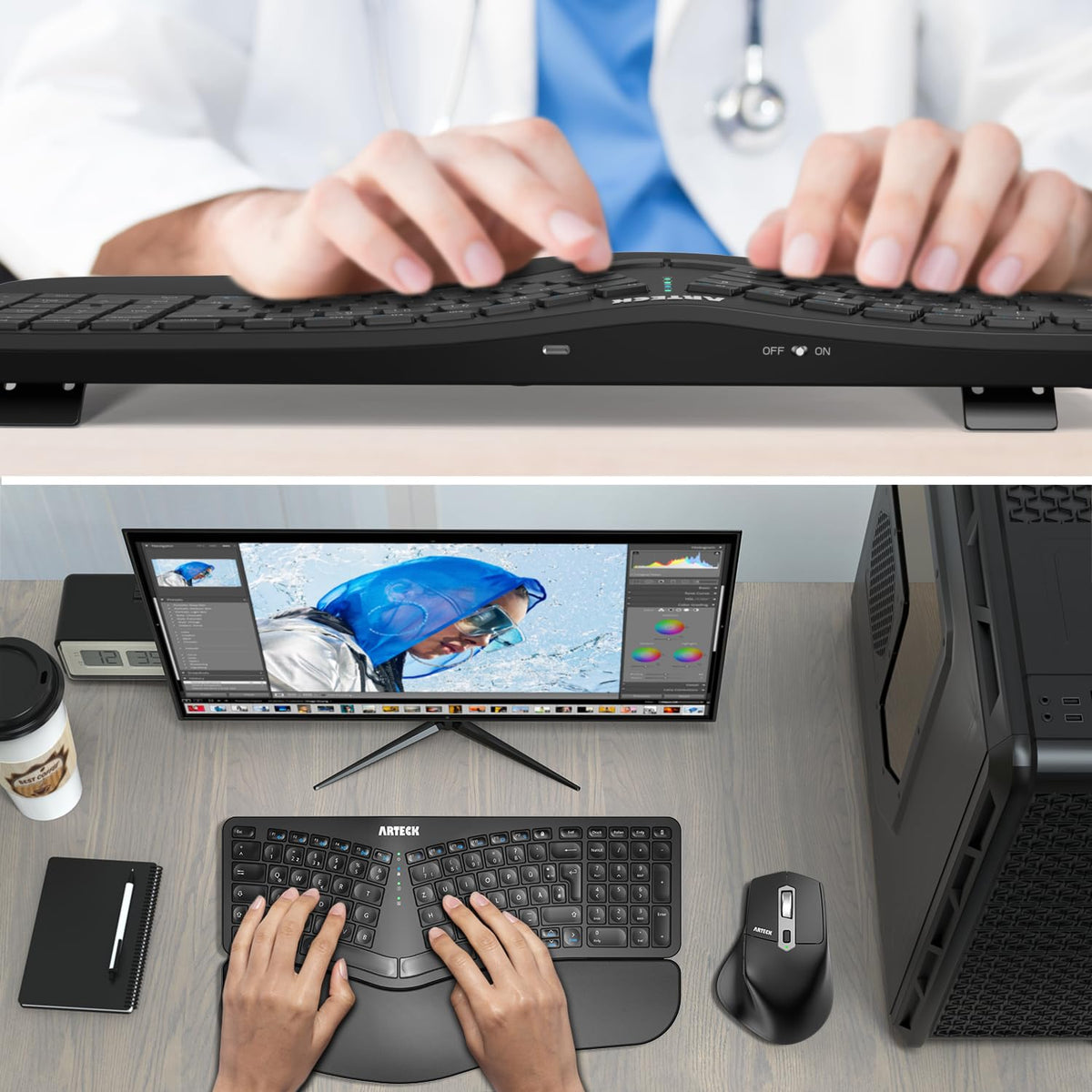Arteck Ergonomic Split Wireless Keyboard, 2.4GHz USB, Cushioned Wrist Rest, Natural Ergonomic Design for Windows PCs and Laptops