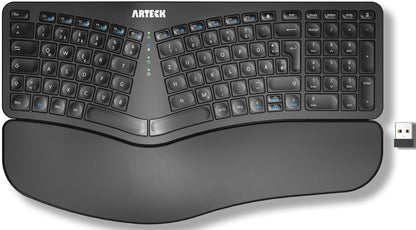 Arteck Ergonomic Split Wireless Keyboard, 2.4GHz USB, Cushioned Wrist Rest, Natural Ergonomic Design for Windows PCs and Laptops