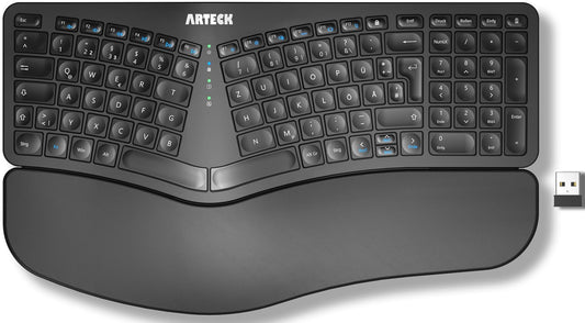 Arteck Ergonomic Split Wireless Keyboard, 2.4GHz USB, Cushioned Wrist Rest, Natural Ergonomic Design for Windows PCs and Laptops