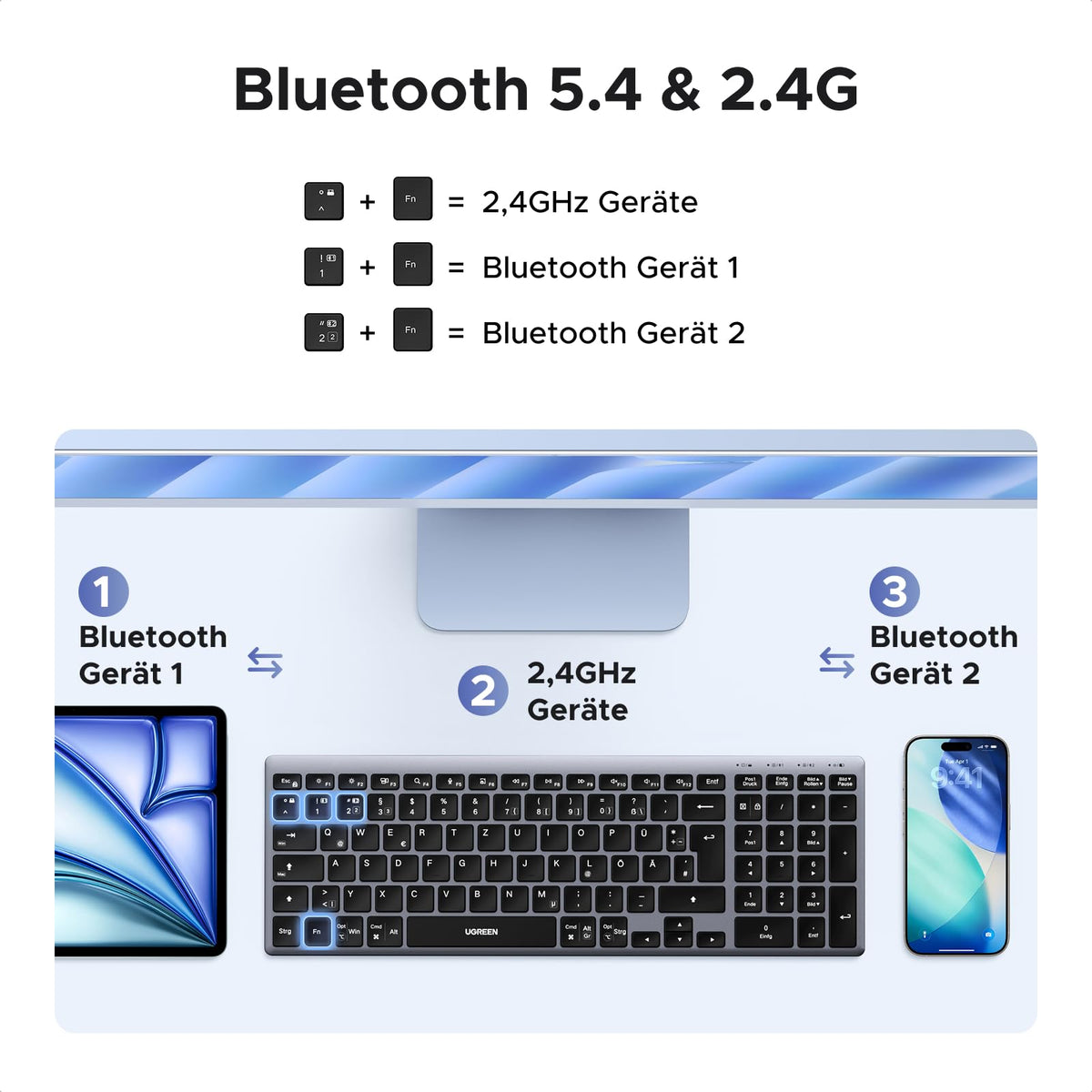 UGREEN Bluetooth Tastatur Kabellos Tastatur (BT5.4+2.4G)