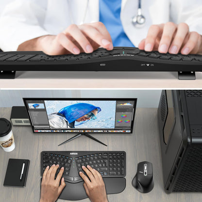 Arteck Ergonomic Split Wireless Keyboard, 2.4GHz USB, Cushioned Wrist Rest, Natural Ergonomic Design for Windows PCs and Laptops