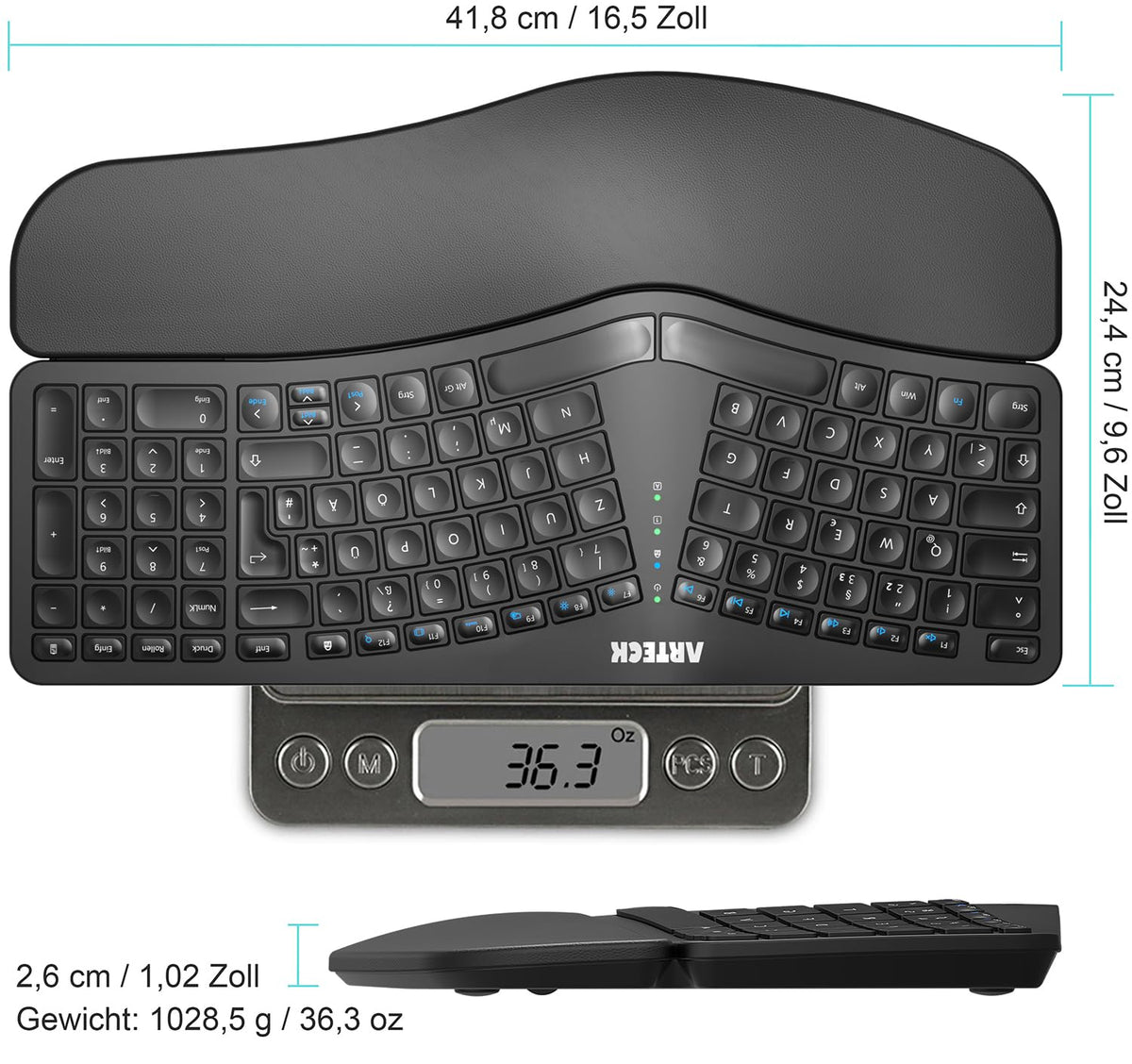 Arteck Ergonomic Split Wireless Keyboard, 2.4GHz USB, Cushioned Wrist Rest, Natural Ergonomic Design for Windows PCs and Laptops