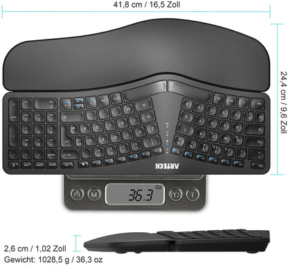 Arteck Ergonomic Split Wireless Keyboard, 2.4GHz USB, Cushioned Wrist Rest, Natural Ergonomic Design for Windows PCs and Laptops