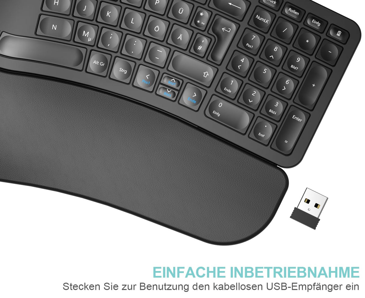 Arteck Ergonomic Split Wireless Keyboard, 2.4GHz USB, Cushioned Wrist Rest, Natural Ergonomic Design for Windows PCs and Laptops