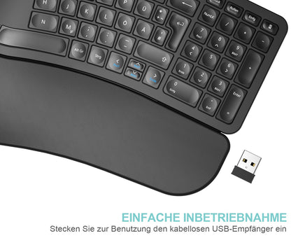 Arteck Ergonomic Split Wireless Keyboard, 2.4GHz USB, Cushioned Wrist Rest, Natural Ergonomic Design for Windows PCs and Laptops