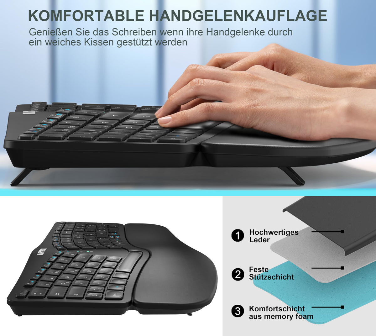 Arteck Ergonomic Split Wireless Keyboard, 2.4GHz USB, Cushioned Wrist Rest, Natural Ergonomic Design for Windows PCs and Laptops